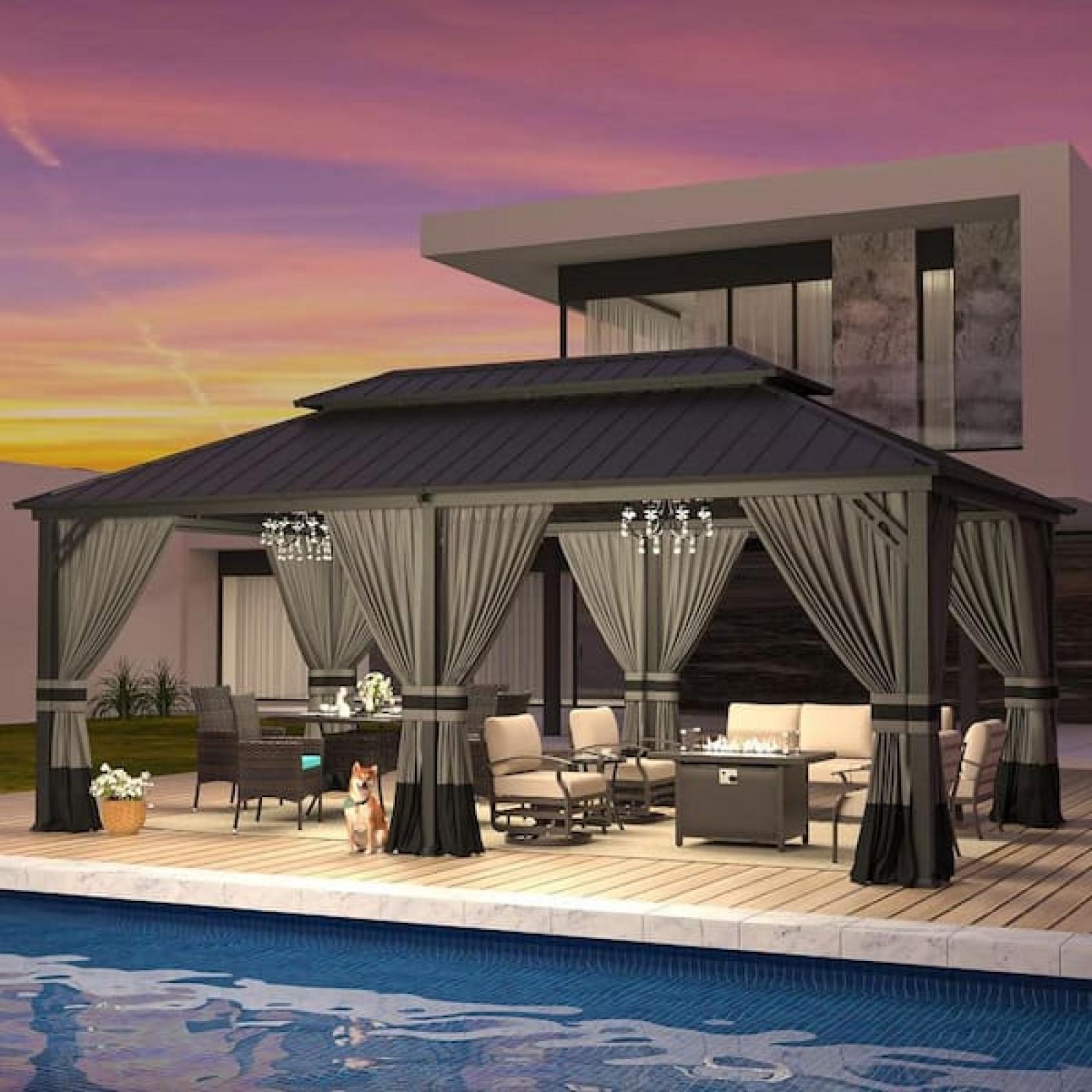 Phoenix NEW Halmuz 20 ft. x 12 ft. Gray Metal Hardtop Gazebo with Double Roof Pergola  Netting and Curtain Gray
