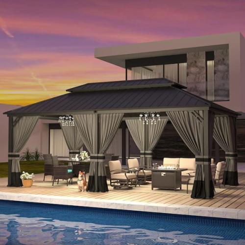 Phoenix NEW Halmuz 20 ft. x 12 ft. Gray Metal Hardtop Gazebo with Double Roof Pergola  Netting and Curtain Gray