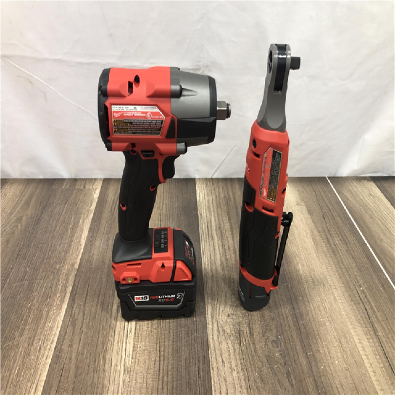 AS-IS Milwaukee FUEL 18V Cordless Mid Torque 1/2 in. Impact Wrench w/ M12 FUEL 3/8 in. Ratchet & Battery/Charger Combo Kit