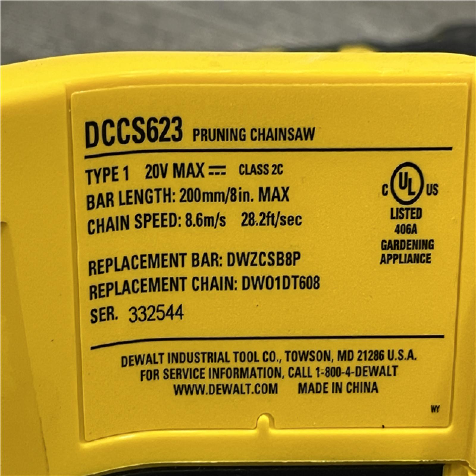 AS-IS DEWALT 20V MAX 8 in. Brushless Cordless Battery Powered Pruning Chainsaw (Tool Only)