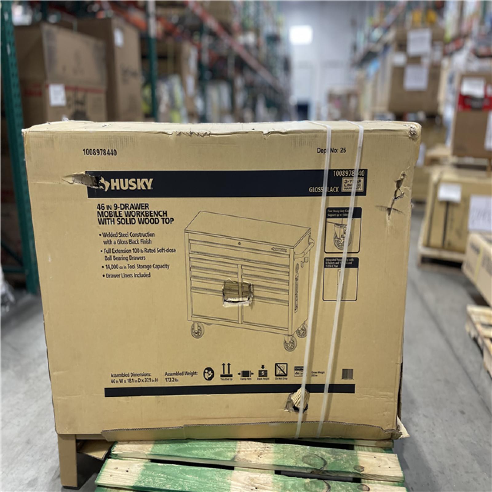 DALLAS LOCATION - Husky Tool Storage 46 in. W x 18 in. D 9-Drawer Mobile Workbench Cabinet in Gloss Black