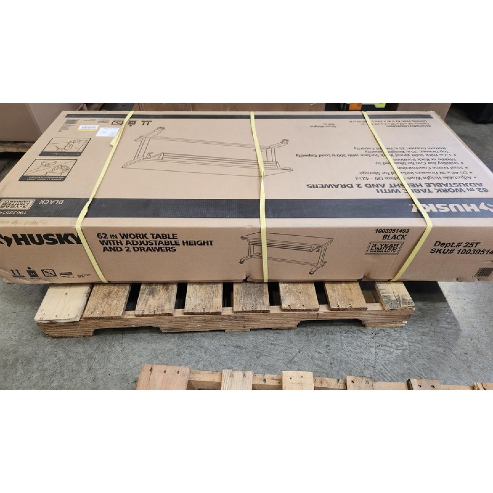 Phoenix NEW Husky 62 in. W x 24 in. D 2-Drawer Adjustable Height Black Workbench Table with Solid Wood Top (SEALED)