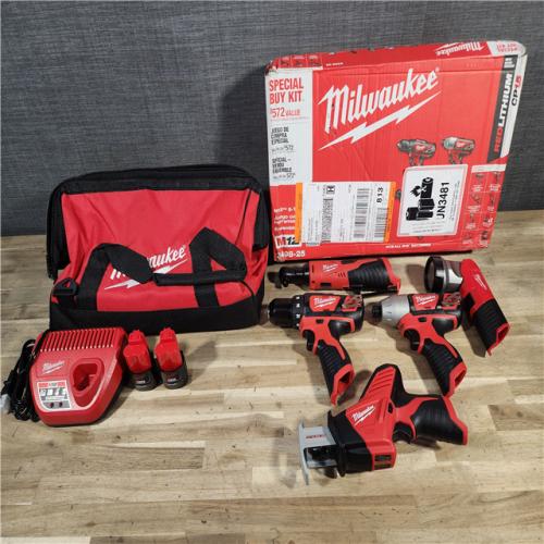 HOUSTON LOCATION - AS-IS (APPEARS LIKE NEW) MILWAUKEE M12 12V Lithium-Ion Cordless Combo Kit (5-Tool) with Two 1.5Ah Batteries, Charger & Tool Bag