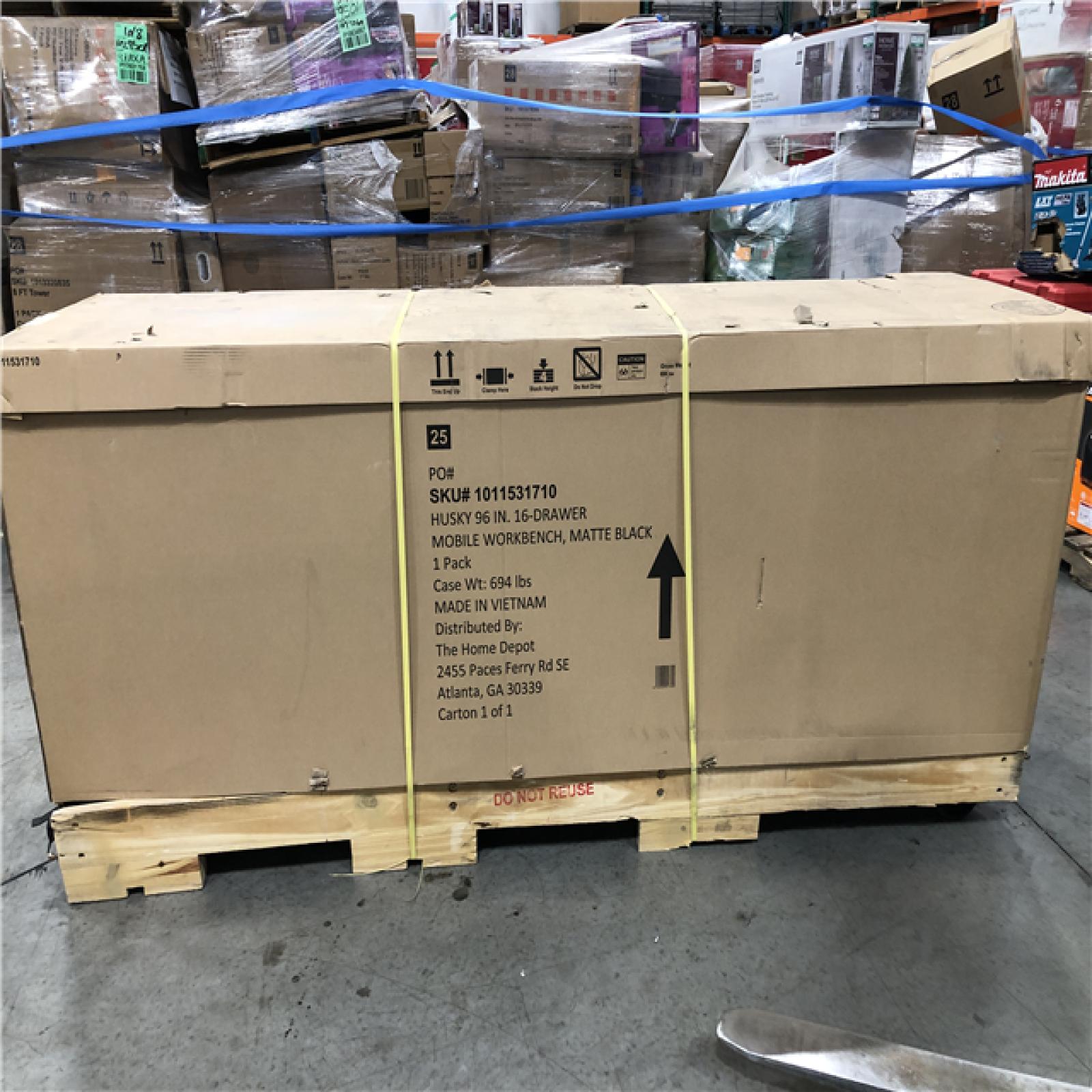 DALLAS LOCATION- Husky 96 in. W x 24 in. D 16-Drawer Heavy-Duty Mobile Workbench with Stainless Steel Top in Matte Black