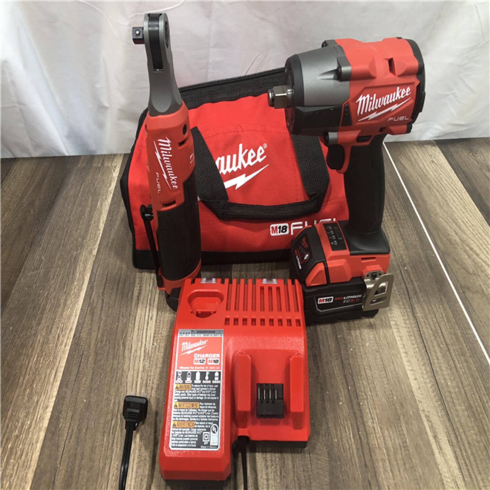 AS-IS Milwaukee FUEL 18V Cordless Mid Torque 1/2 in. Impact Wrench w/ M12 FUEL 3/8 in. Ratchet & Battery/Charger Combo Kit