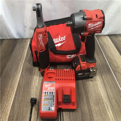 AS-IS Milwaukee FUEL 18V Cordless Mid Torque 1/2 in. Impact Wrench w/ M12 FUEL 3/8 in. Ratchet & Battery/Charger Combo Kit