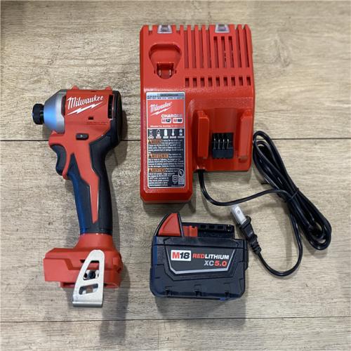 AS-IS Milwaukee  M18 18-Volt Lithium-Ion Brushless Cordless 1/4 in. Compact Impact Driver with M18 5.0Ah Battery and Charger