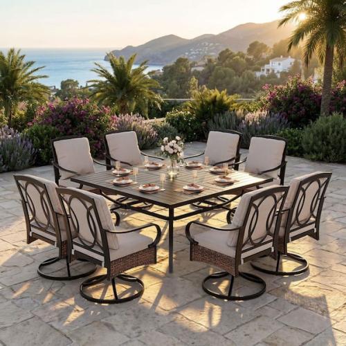 Phoenix NEW PHI VILLA 9-Piece Metal Outdoor Dining Set with Square Table and Rattan Swivel Chairs with Beige Cushions