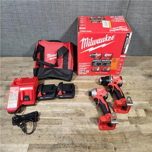 HOUSTON LOCATION - AS-IS Milwaukee M18 18V Lithium-Ion Brushless Cordless Compact Drill/Impact Combo Kit (2-Tool) W/(2) 2.0 Ah Batteries  Charger & Bag