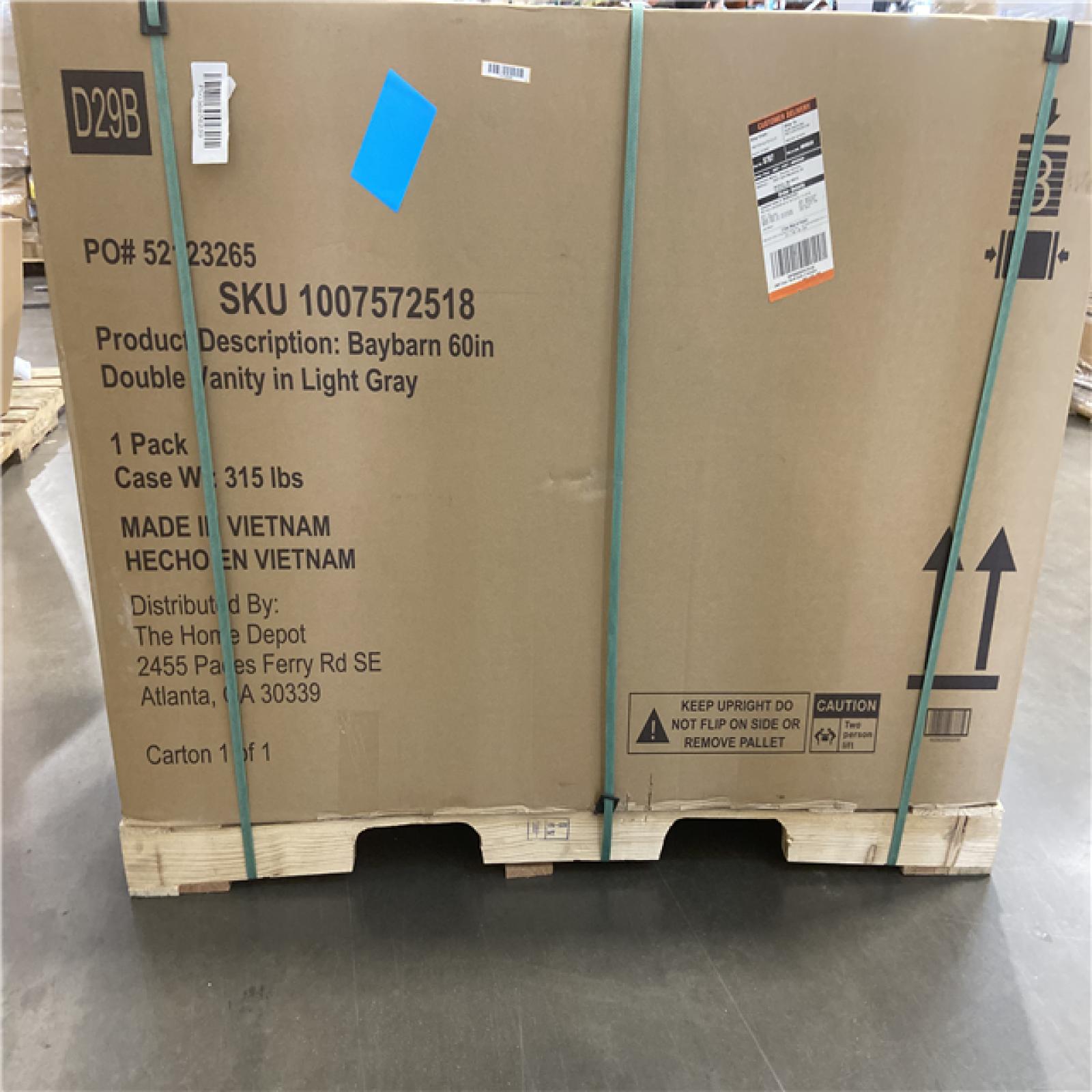 DALLAS LOCATION - Home Decorators Collection Baybarn 60 in. Double Sink Gray Bath Vanity with White Engineered Carrara Top (Assembled)