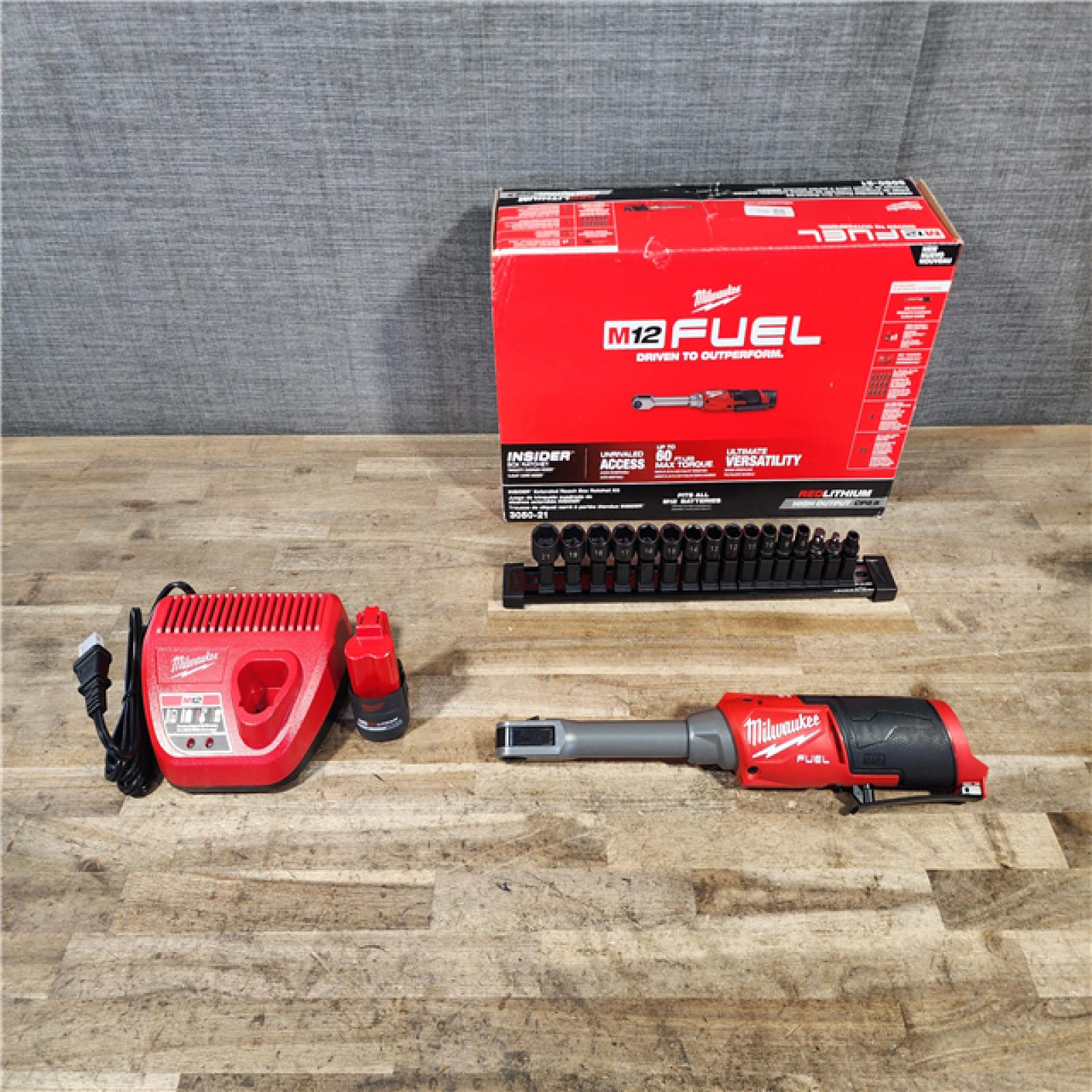 HOUSTON LOCATION - AS-IS MILWAUKEE M12 FUEL INSIDER 12V Lithium-Ion Brushless Cordless 1/4 in. - 3/8 in. Extended Reach Box Ratchet Kit W/ Battery  Charger