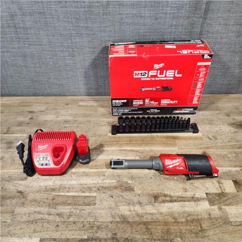 HOUSTON LOCATION - AS-IS MILWAUKEE M12 FUEL INSIDER 12V Lithium-Ion Brushless Cordless 1/4 in. - 3/8 in. Extended Reach Box Ratchet Kit W/ Battery  Charger