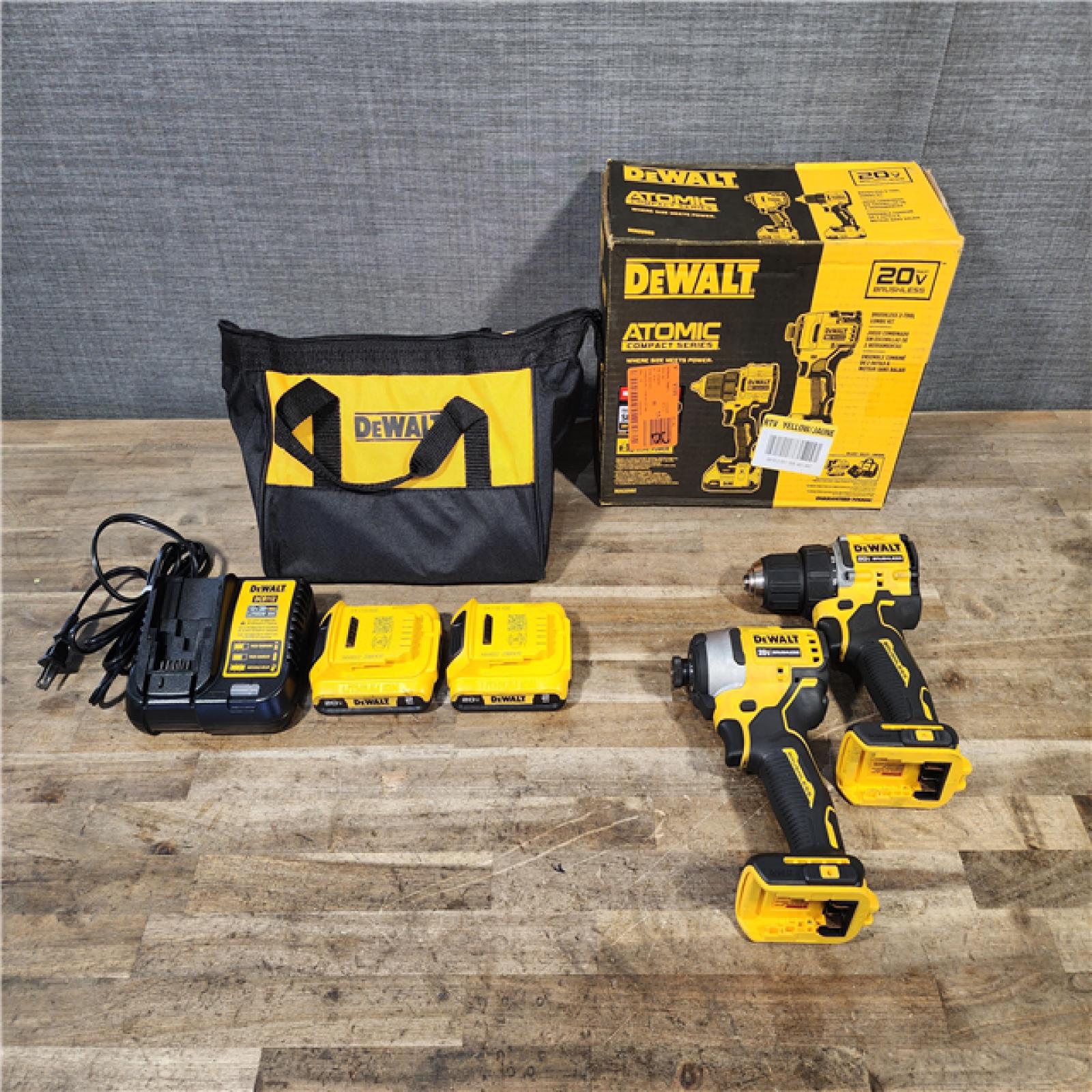 HOUSTON LOCATION - AS-IS Dewalt DCK225D2 20V MAX ATOMIC Brushless Compact Lithium-Ion 1/2 in. Cordless Drill Driver and 1/4 in. Impact Driver Combo Kit with 2 Batteries 2 Ah