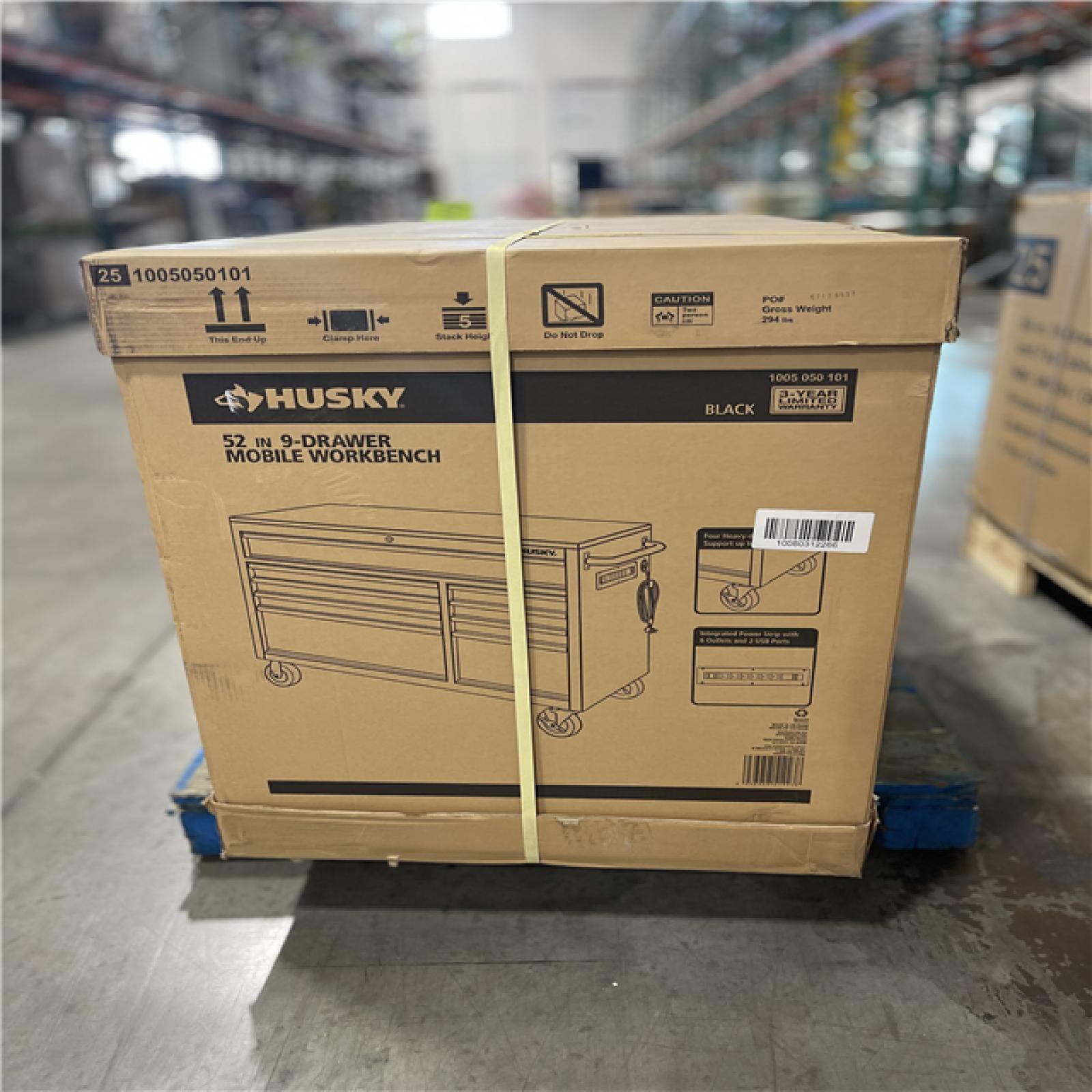 DALLAS LOCATION- Husky 52 in. W x 25 in. D Standard Duty 9-Drawer Mobile Workbench Tool Chest with Solid Wood Top in Gloss Black