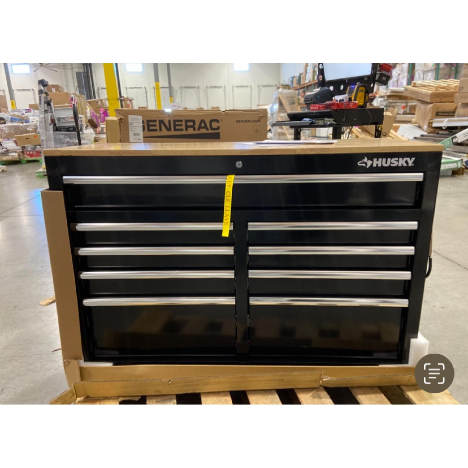 DALLAS LOCATION - Husky Tool Storage 46 in. W x 18 in. D 9-Drawer Mobile Workbench Cabinet in Gloss Black