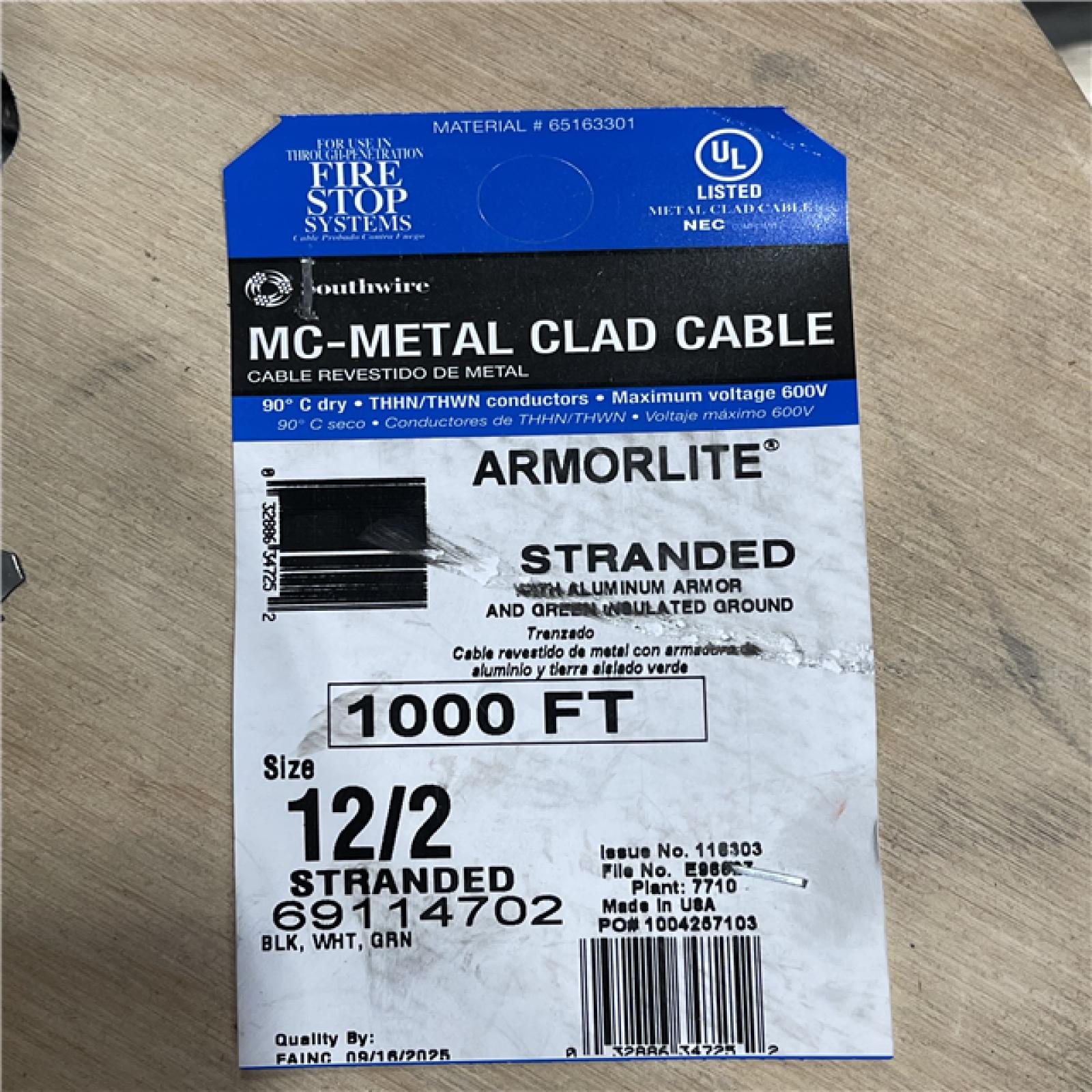 DALLAS LOCATION -  Southwire 12/2 x 1 000 ft. Stranded CU MC (Metal Clad) Armorlite Cable