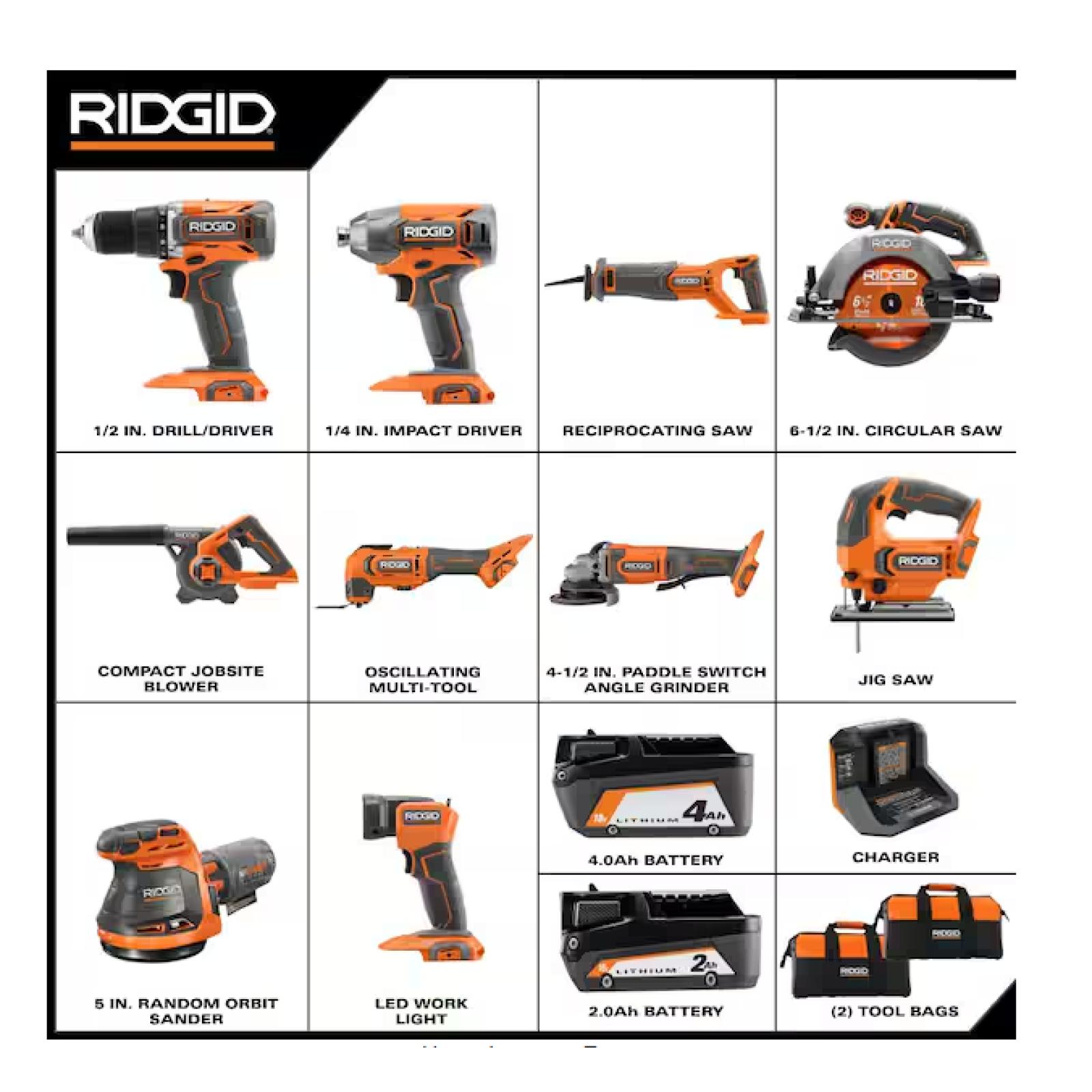 NEW! - RIDGID 18V Cordless 10-Tool Combo Kit with 2.0 Ah Battery, 4.0 Ah Battery, Charger, and Tool Bag