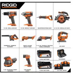 NEW! - RIDGID 18V Cordless 10-Tool Combo Kit with 2.0 Ah Battery, 4.0 Ah Battery, Charger, and Tool Bag