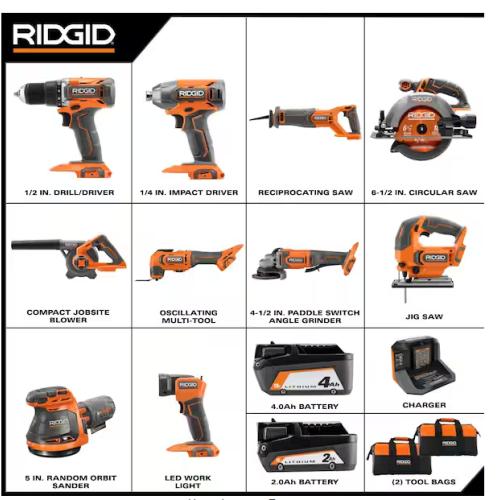 NEW! - RIDGID 18V Cordless 10-Tool Combo Kit with 2.0 Ah Battery, 4.0 Ah Battery, Charger, and Tool Bag