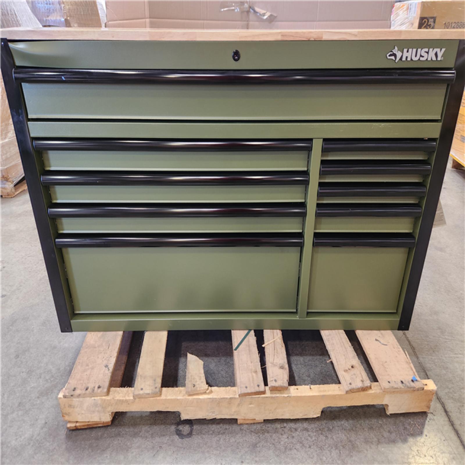 Phoenix Husky Standard-Duty 52 in. W 10-Drawer Matte Army Green Mobile Workbench Cabinet with Solid Wood Top