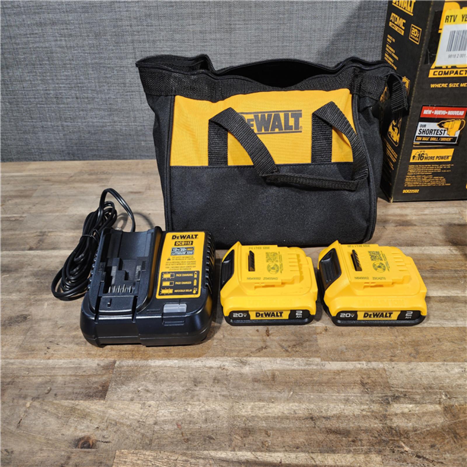 HOUSTON LOCATION - AS-IS Dewalt DCK225D2 20V MAX ATOMIC Brushless Compact Lithium-Ion 1/2 in. Cordless Drill Driver and 1/4 in. Impact Driver Combo Kit with 2 Batteries 2 Ah