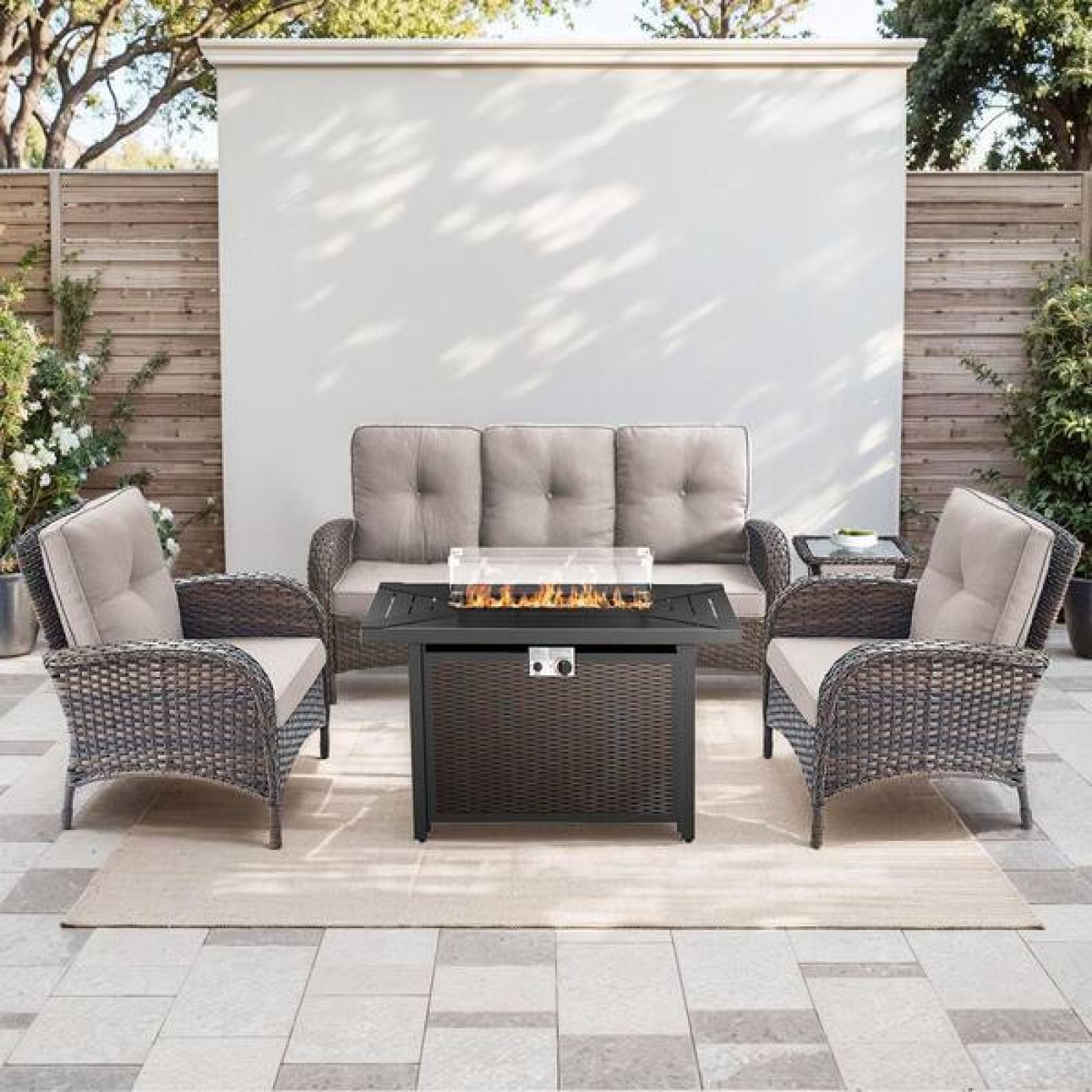 Phoenix NEW moosprr SleekArm 5-Piece Brown Wicker Fire Pit Conversation Set with Olefin Beige Cushions and Patio Lounge Chairs