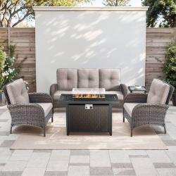 Phoenix NEW moosprr SleekArm 5-Piece Brown Wicker Fire Pit Conversation Set with Olefin Beige Cushions and Patio Lounge Chairs