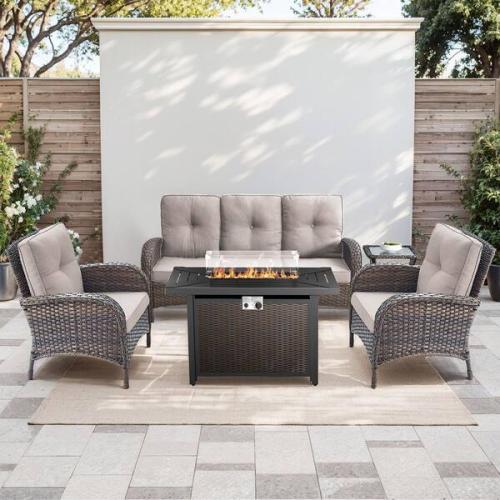 Phoenix NEW moosprr SleekArm 5-Piece Brown Wicker Fire Pit Conversation Set with Olefin Beige Cushions and Patio Lounge Chairs