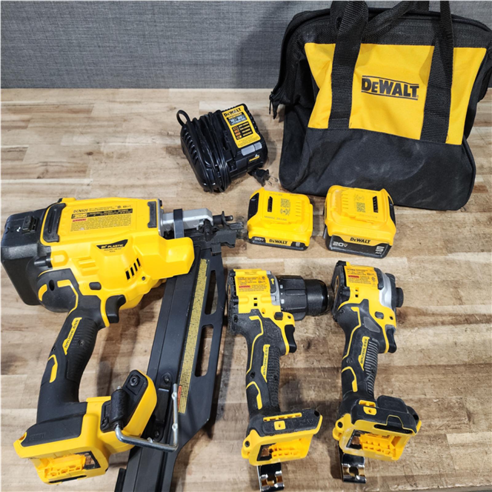Houston Location AS-IS DEWALT Drills QTY/2 and Nail Gun and Batteries QTY/2 with Charger