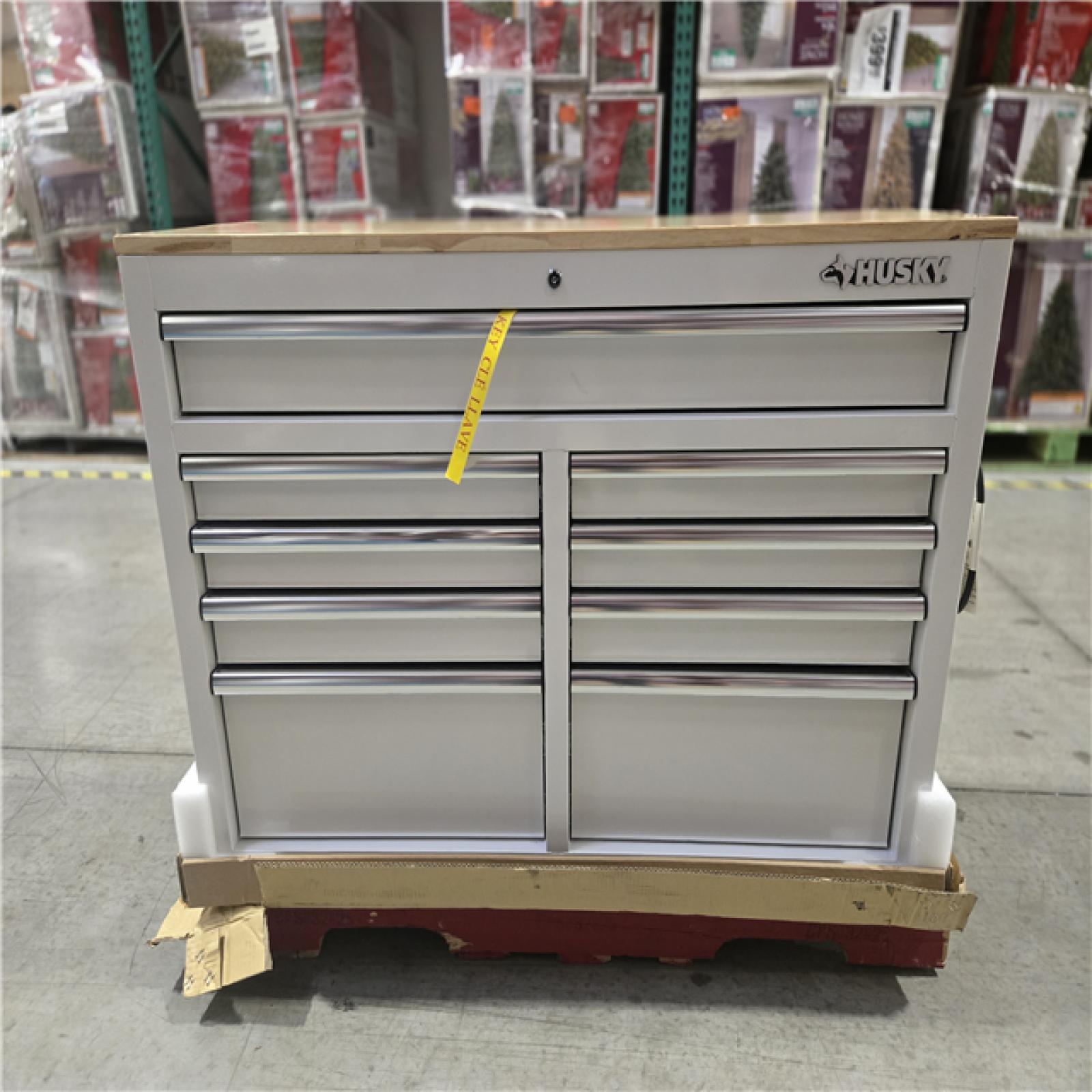 DALLAS LOCATION- Husky Tool Storage 46 in. W x 18 in. D 9-Drawer Gloss White Mobile Workbench Cabinet