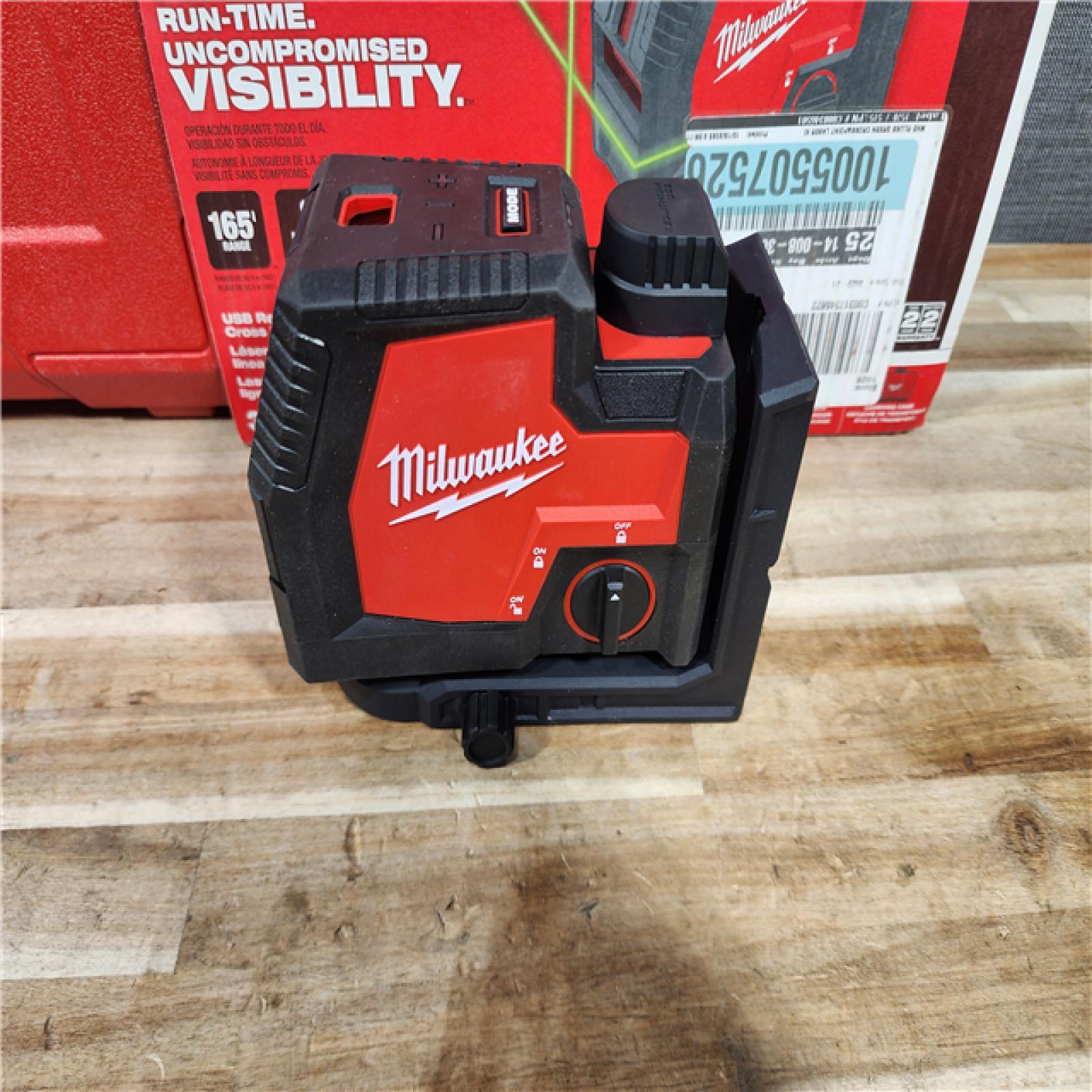 HOUSTON LOCATION - AS-IS Milwaukee Green 100 ft. Cross Line and Plumb Points Rechargeable Laser Level with REDLITHIUM Lithium-Ion USB Battery and Charger