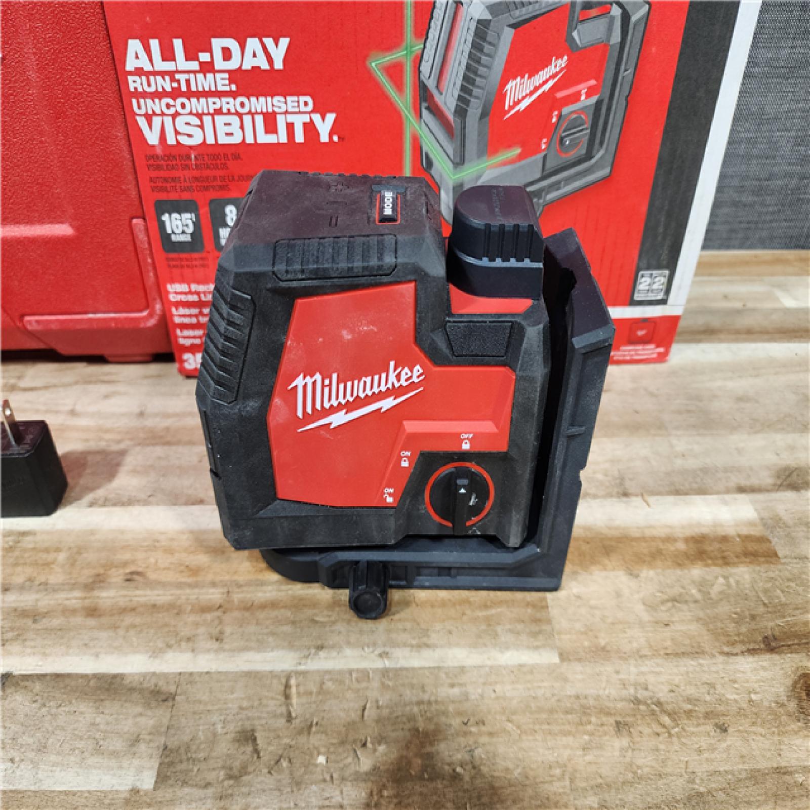 HOUSTON LOCATION - AS-IS Milwaukee 100 ft. REDLITHIUM Lithium-Ion USB Green Rechargeable Cross Line Laser Level with Charger