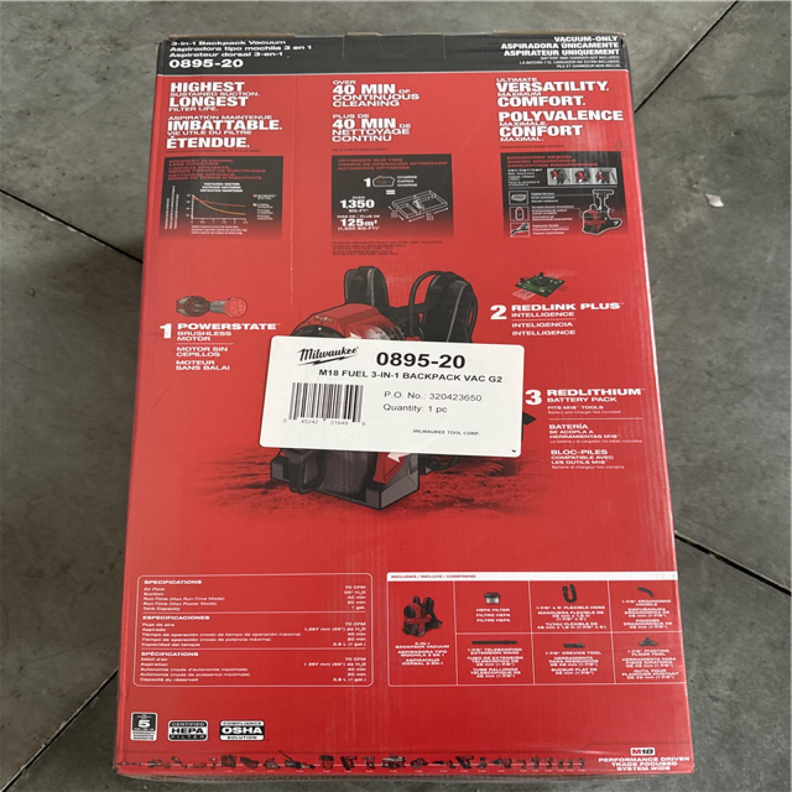 California NEW Milwaukee 3 in 1 Backpack Vacuum (No Battery)