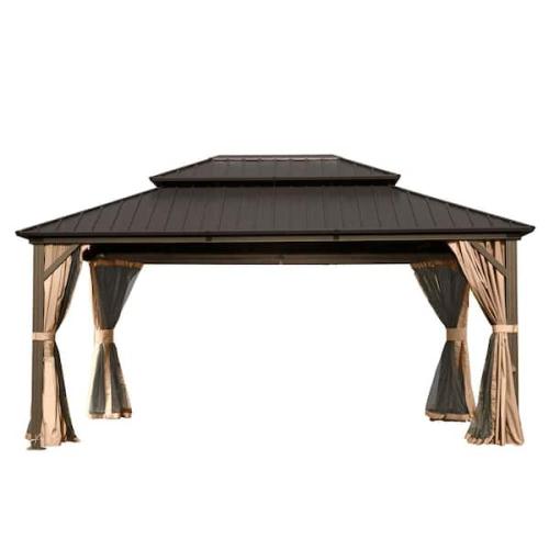 Phoenix NEW Domi Outdoor Living 12 ft. x 16 ft. Aluminum Hardtop Gazebo with Galvanized Steel Double Roof Netting Curtains