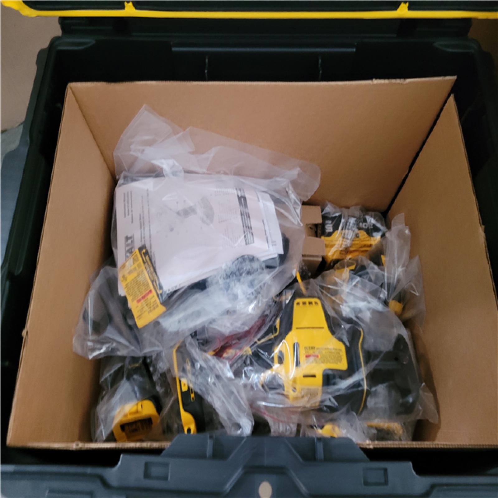 California AS-IS DeWalt 6-Tool Combo Kit  Includes (2) Batteries  (No Charger) and Toughsystem Modular Tool Box