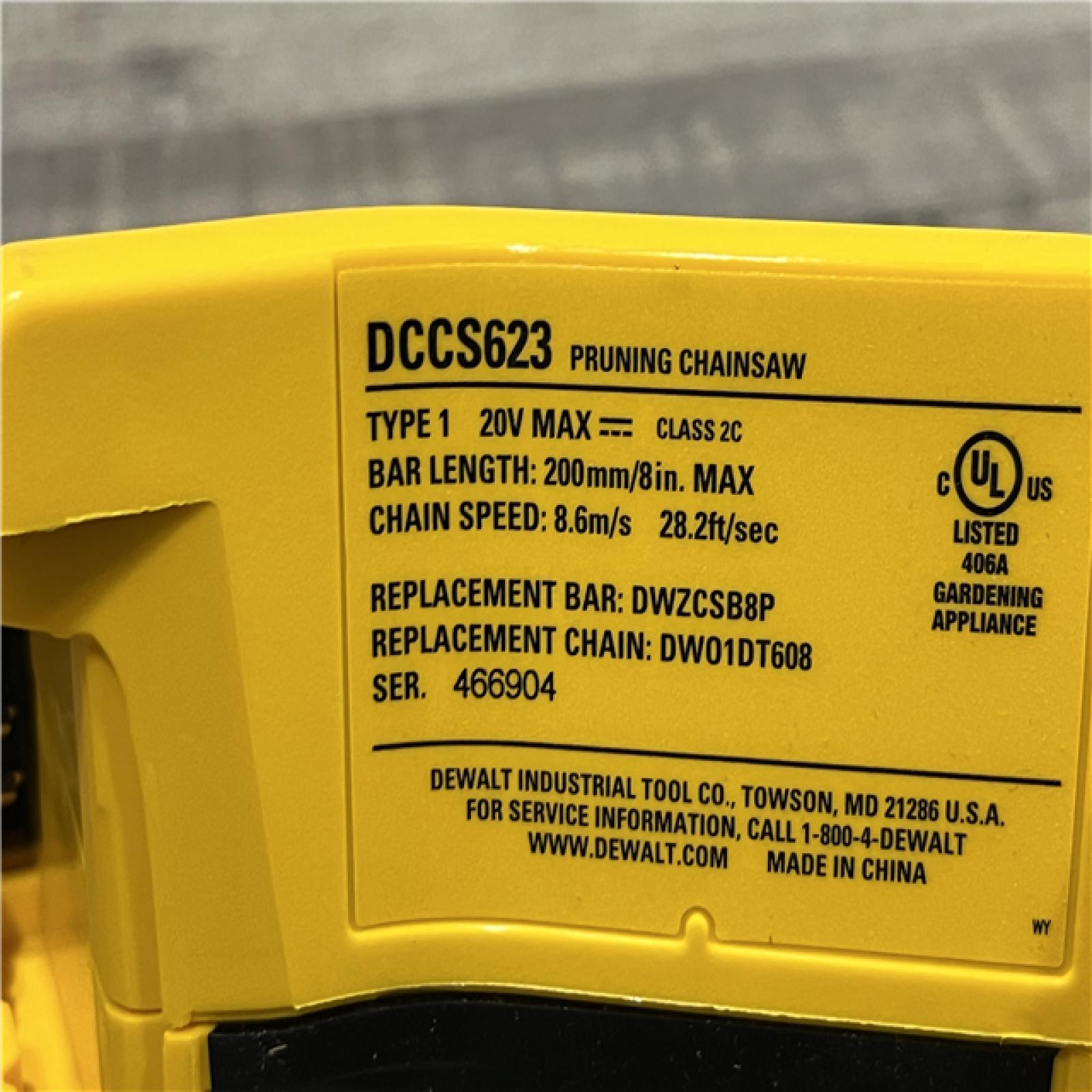 AS-IS DEWALT 20V MAX 8 in. Brushless Cordless Battery Powered Pruning Chainsaw (Tool Only)