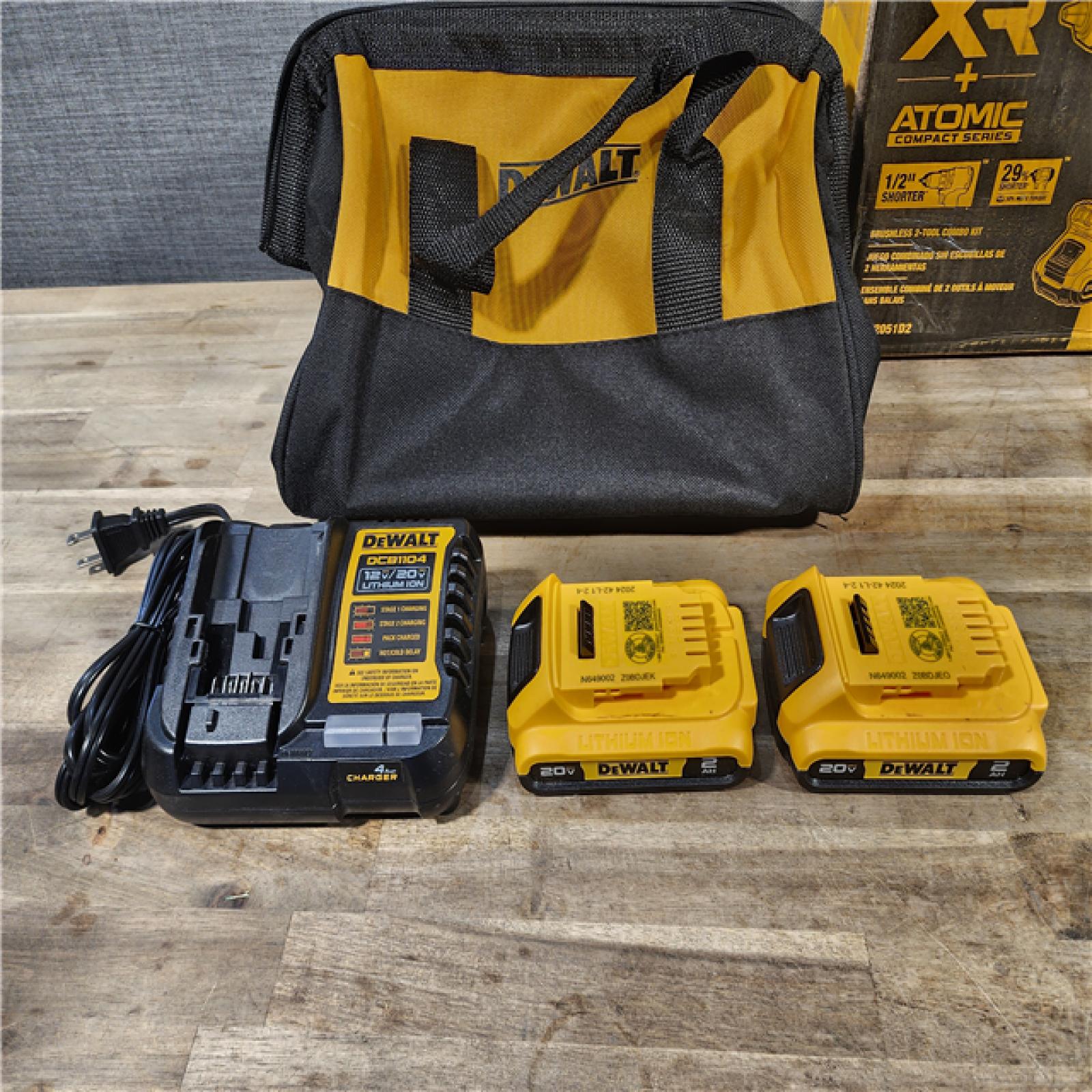 HOUSTON LOCATION - AS-IS DEWALT 20V MAX XR Cordless Drill/Driver, ATOMIC Impact Driver 2 Tool Combo Kit, (2) 2.0Ah Batteries, Charger, and Bag