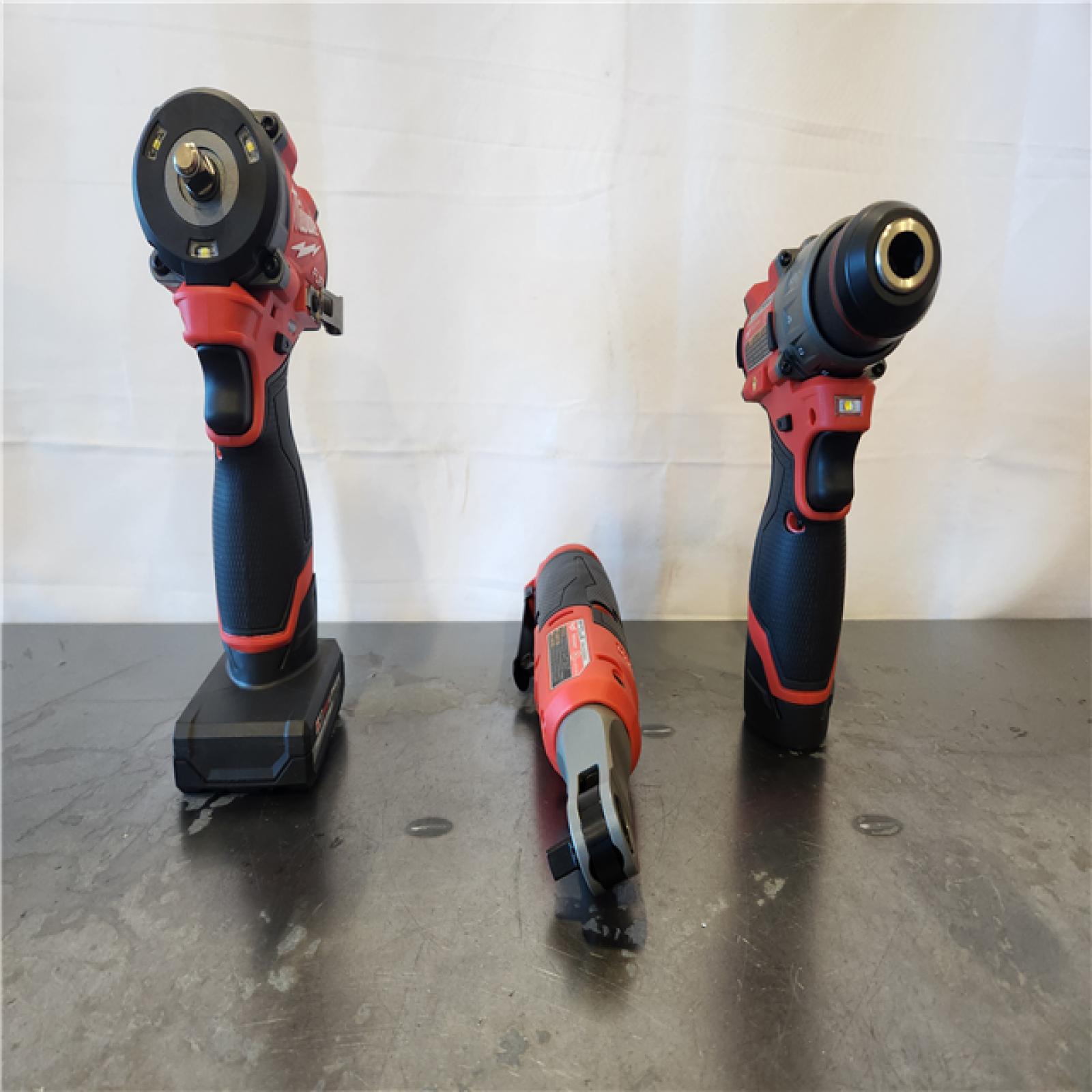 AS-IS- M12 FUEL 12V Lithium-Ion Cordless Drill Driver  Impact Wrench  and Ratchet Combo Kit (3-Tool) W/Batteries  Charger & Bag