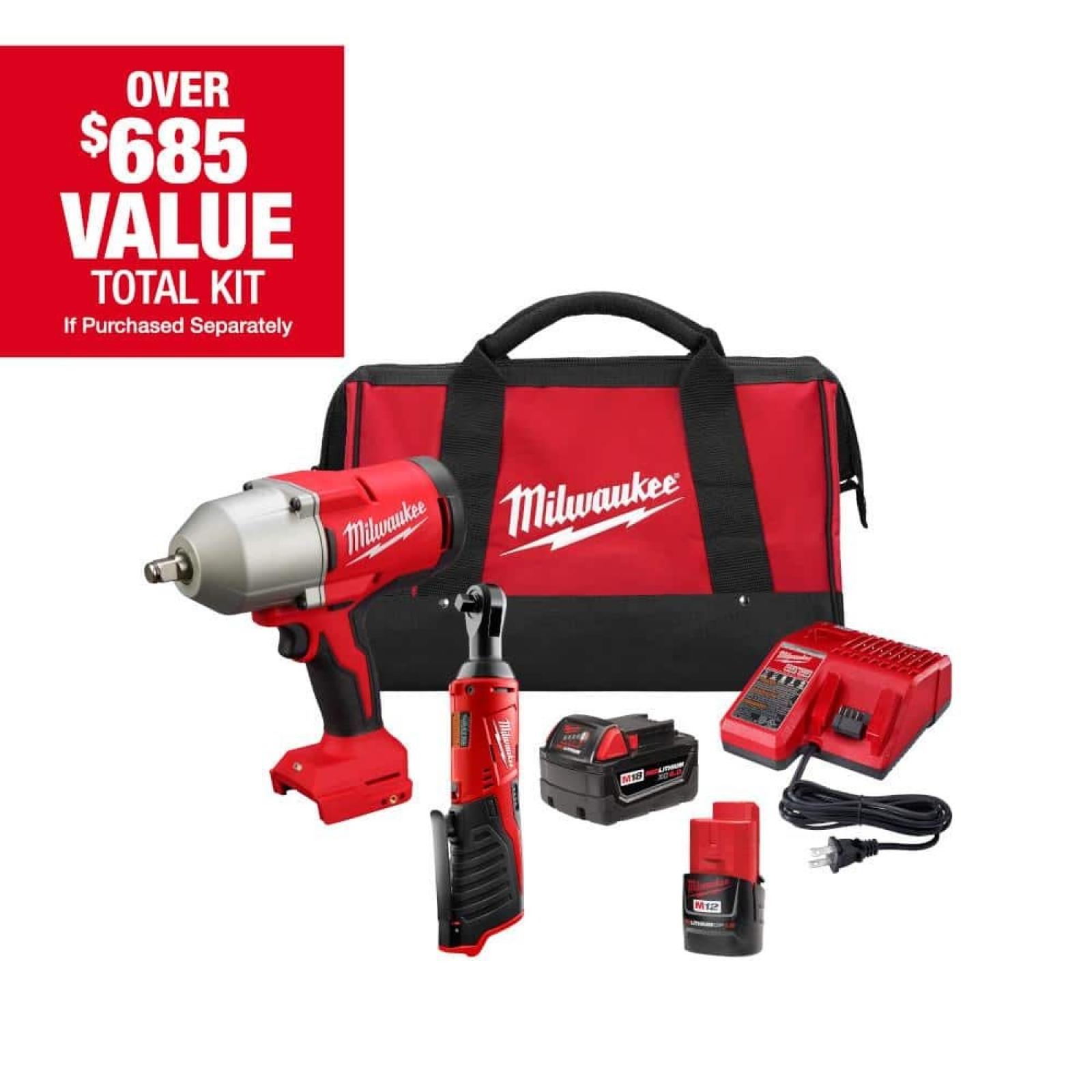 NEW - Milwaukee 12/18V Lithium-Ion Cordless 3/8 in. Ratchet and 1/2 in. High Torque Impact Wrench with Friction Ring Combo Kit