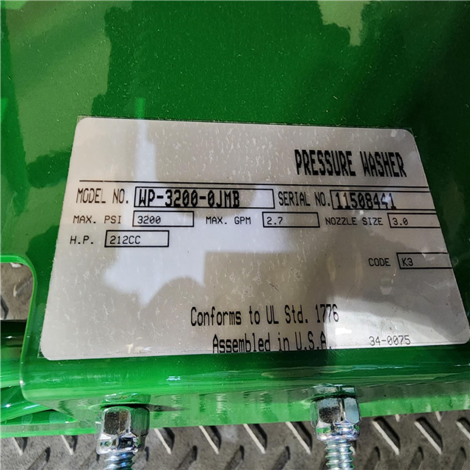 HOUSTON LOCATION - AS-IS (APPEARS LIKE NEW) John Deere 3200 PSI 2.7 GPM Cold Water Gas Pressure Washer