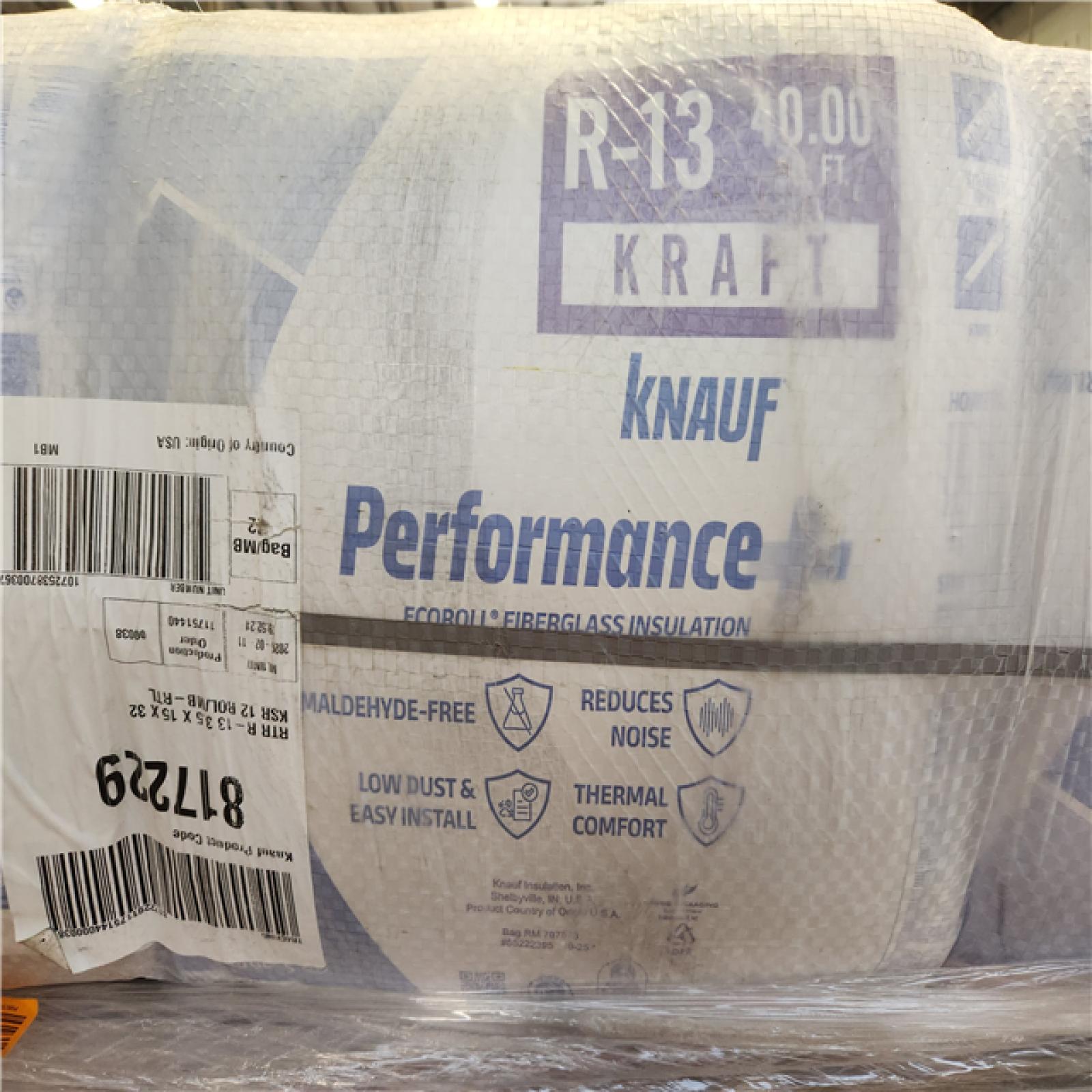 Phoenix NEW Knauf Insulation R13 Kraft Faced 15 in. x 32 ft. Fiberglass Insulation Rolls for 2x4 Wall - Sound-Reducing and Made in America (48-Rolls)