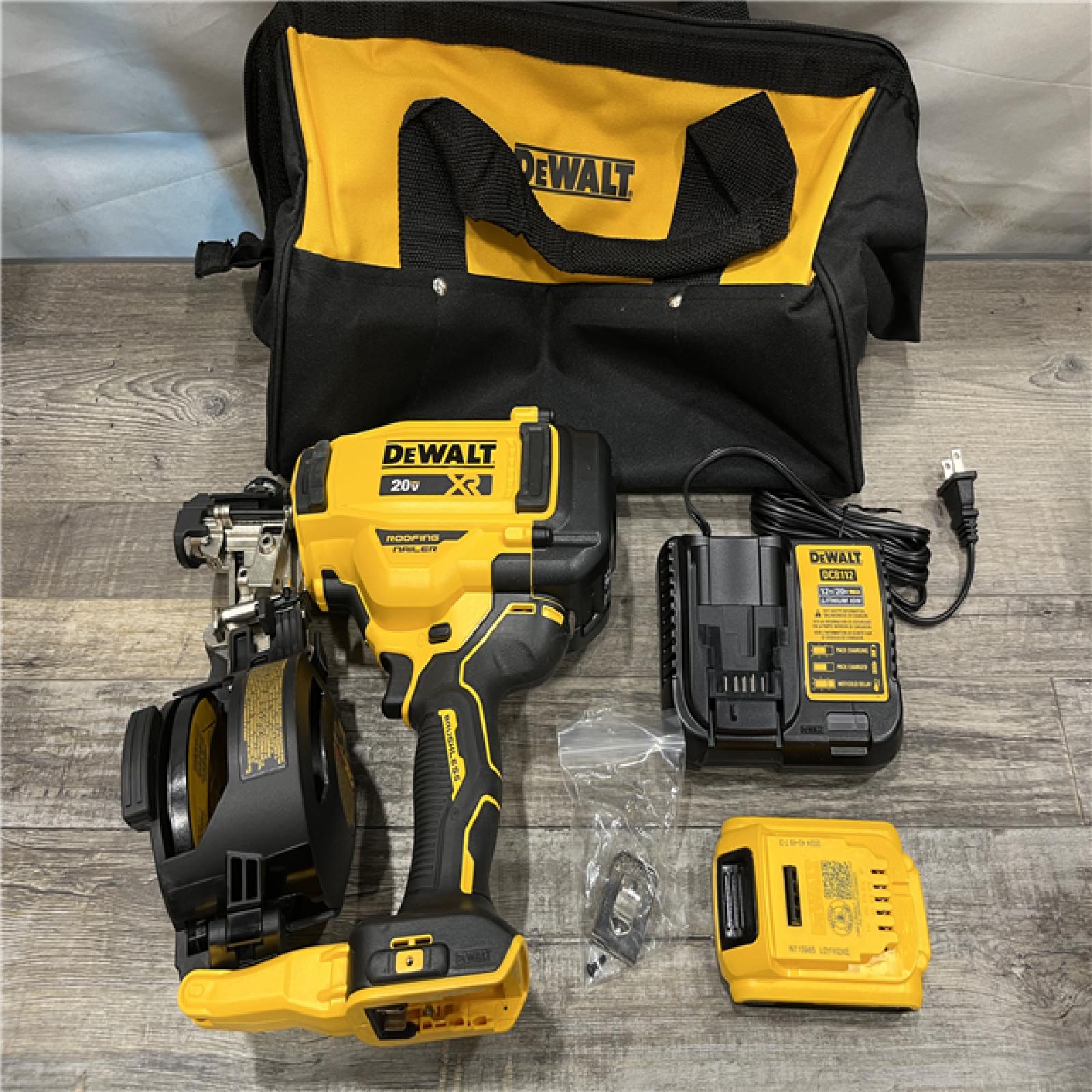 AS-IS DEWALT 20V MAX Lithium-Ion 15-Degree Electric Cordless Roofing Nailer Kit
