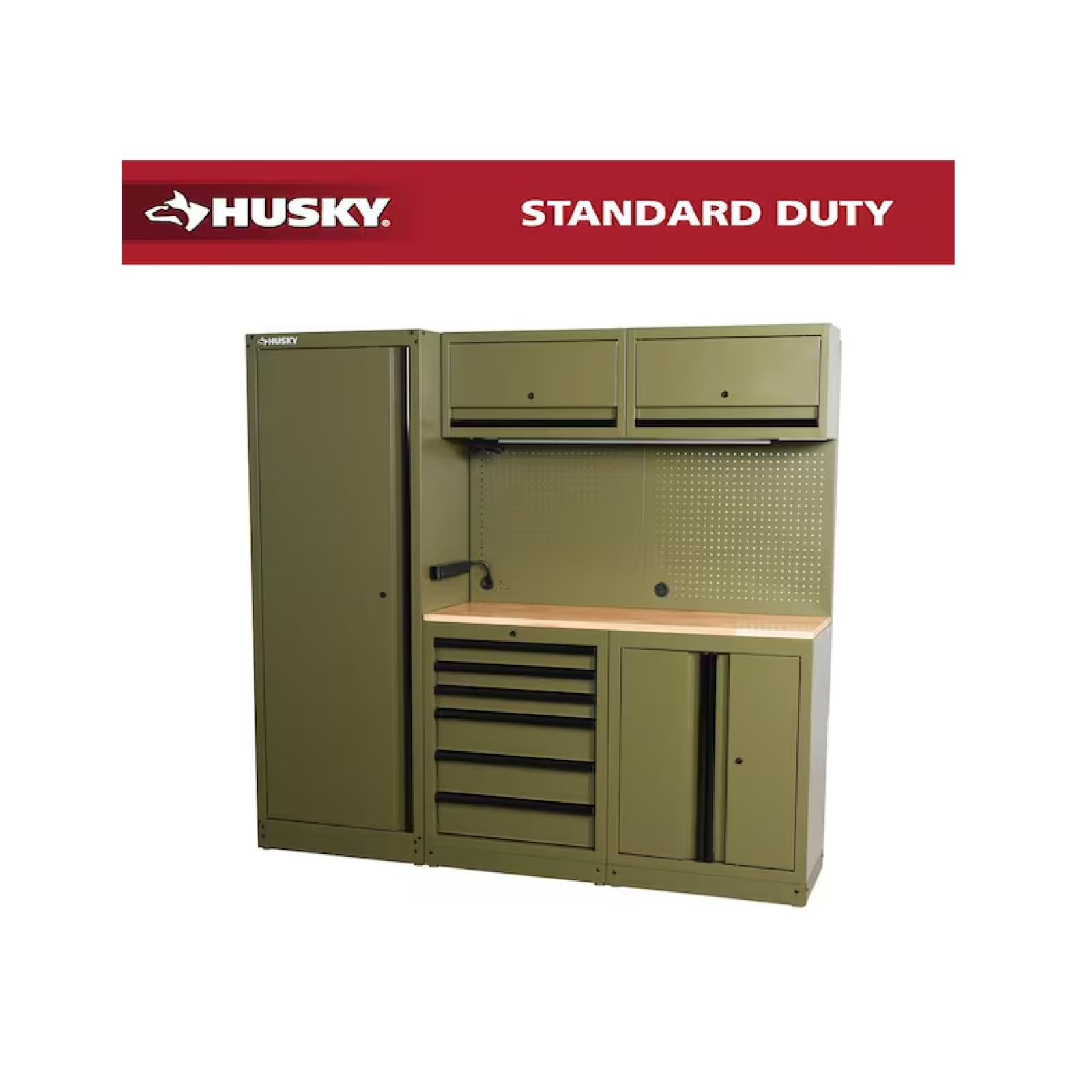 DALLAS LOCATION - AS-IS Husky 80.2 in. W x 75 in. H x 19.2 in. D Steel 8-Piece Garage Storage System in Matte Army Green with Solid Wood Worktop
