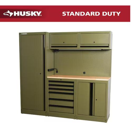 DALLAS LOCATION - AS-IS Husky 80.2 in. W x 75 in. H x 19.2 in. D Steel 8-Piece Garage Storage System in Matte Army Green with Solid Wood Worktop