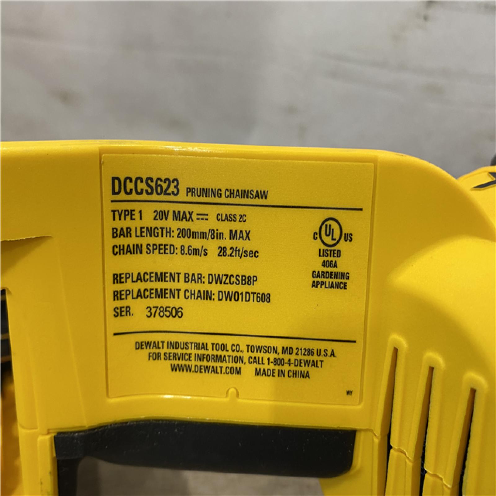 AS-IS DEWALT 20V MAX 8 in. Brushless Cordless Battery Powered Pruning Chainsaw (Tool Only)
