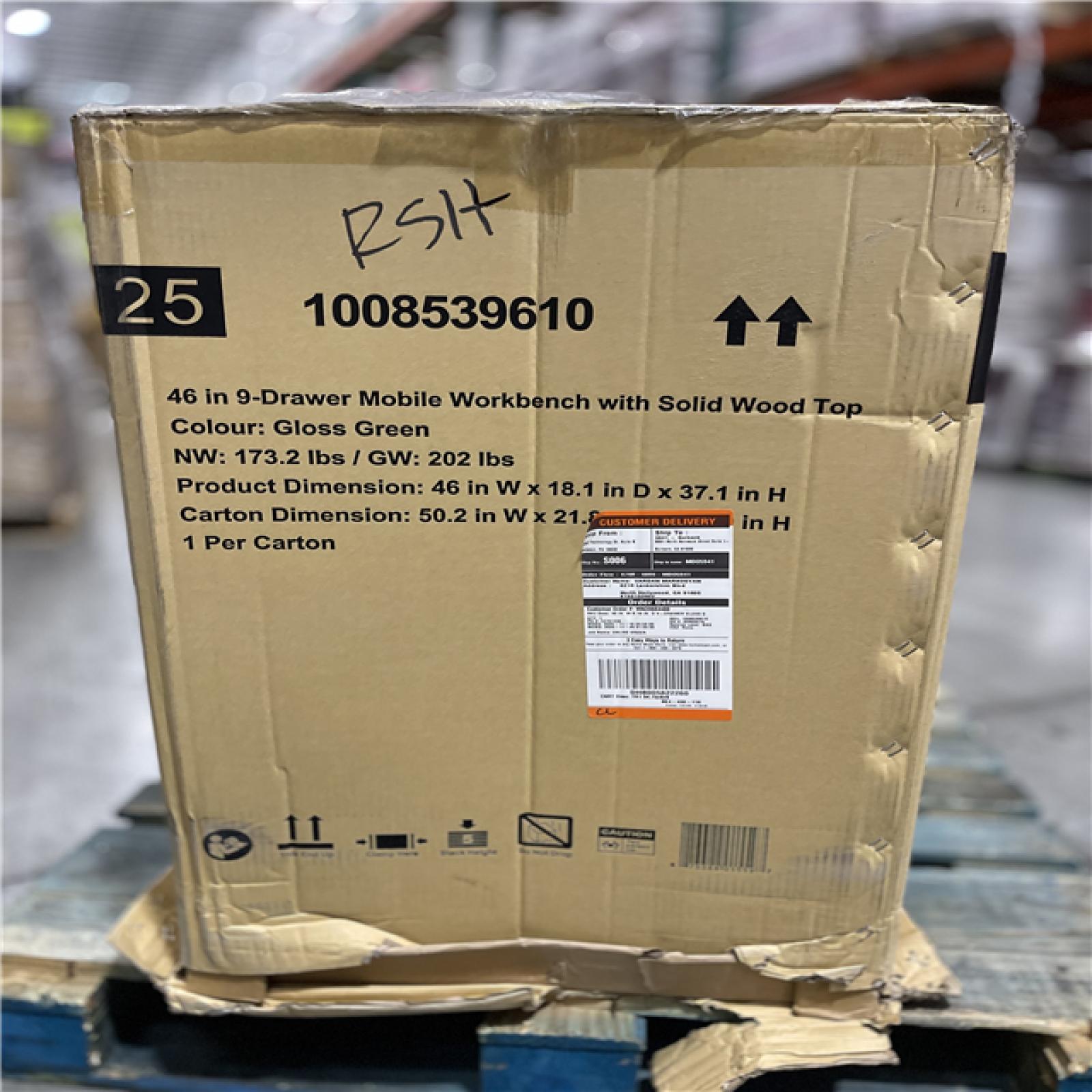 DALLAS LOCATION - AS-IS Husky 46 in. W x 18 in. D 9-Drawer Gloss Green Mobile Workbench Cabinet with Solid Wood Top