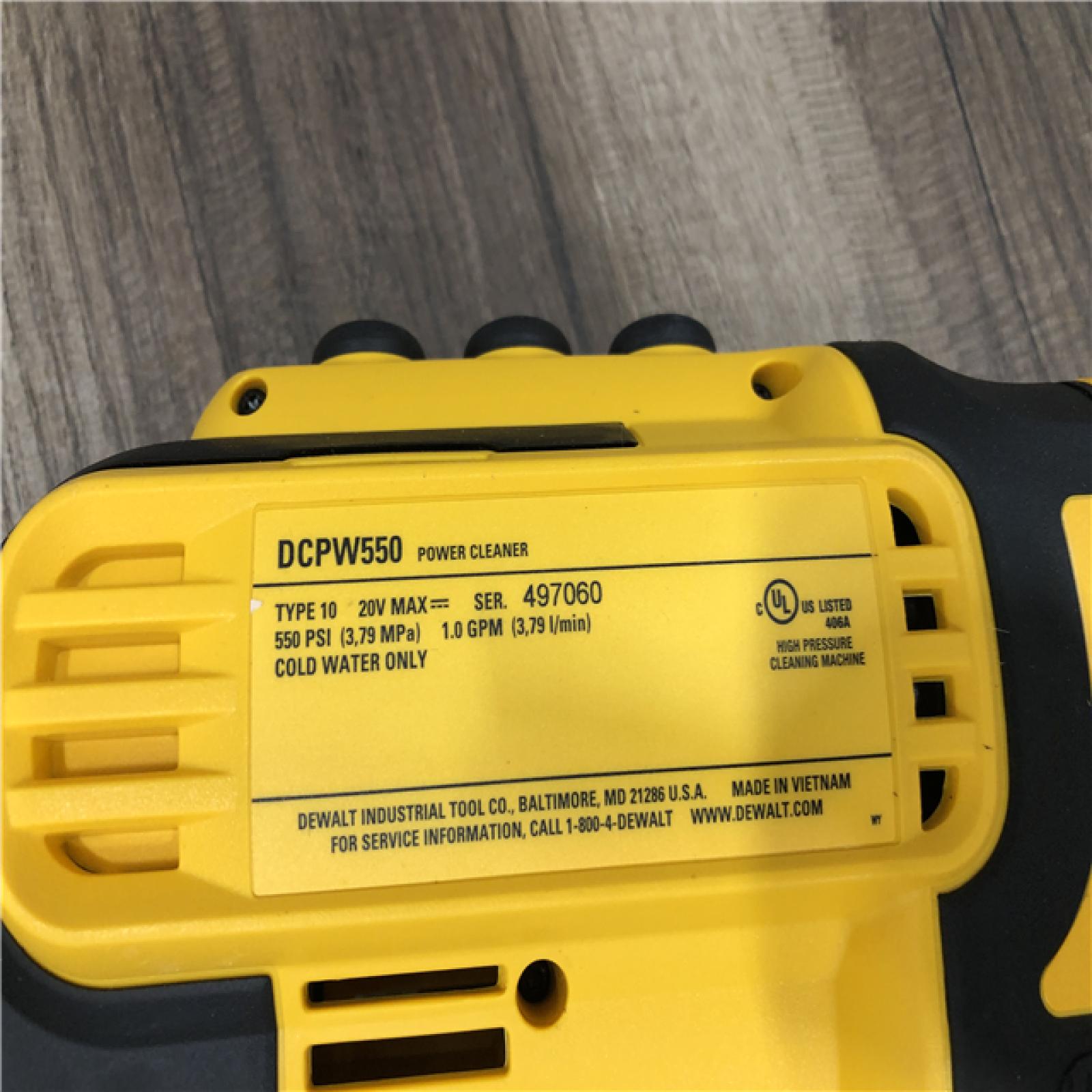 AS-IS DEWALT 20V MAX 550 PSI 1.0 GPM Cold Water Cordless Battery Power Cleaner with 4-Nozzles (Tool Only)