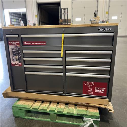 DALLAS LOCATION- Husky 61 in. W x 24 in. D Standard Duty 10-Drawer Mobile Workbench Tool Chest with Sliding Bin Storage Drawer in Silver