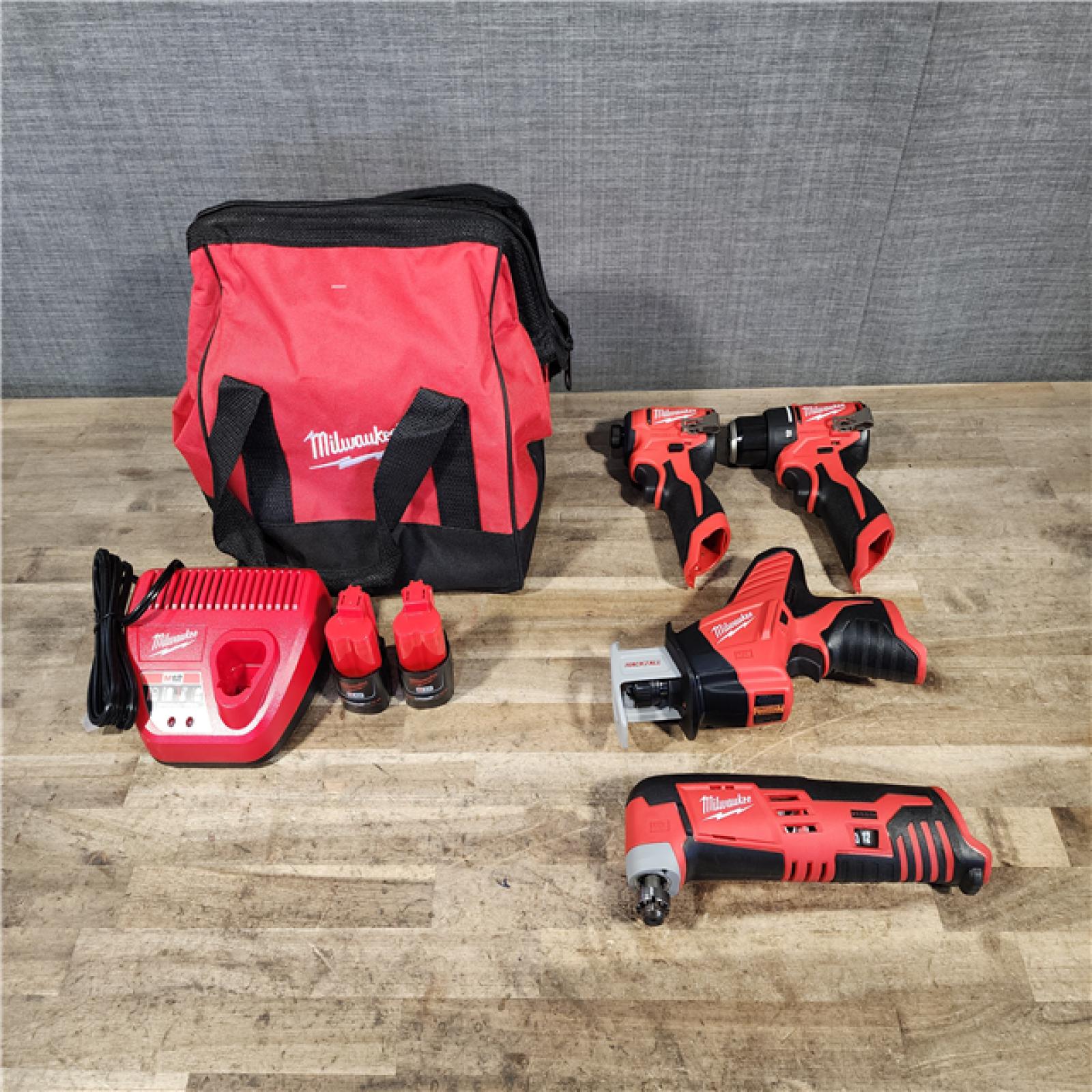 HOUSTON LOCATION - AS-IS MILWAUKEE 4 TOOL COMBO KIT W/ (2) BATTERY & CHARGER