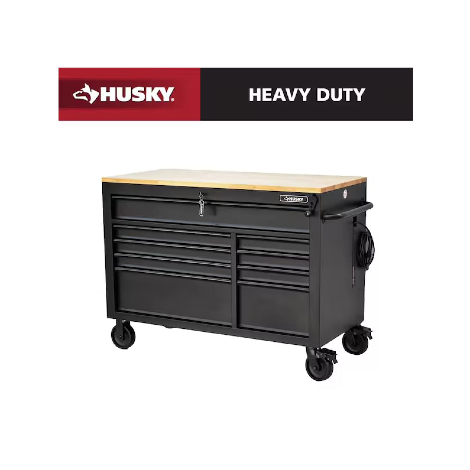 DALLAS LOCATION - Husky 52 in. W x 25 in. D Heavy Duty 9-Drawer Mobile Workbench Cabinet with Adjustable-Height Hardwood Top in Matte Black